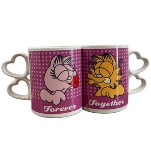 Garfield and Arlene Mugs Set Forever Together Heart Handles Ceramic Nesting